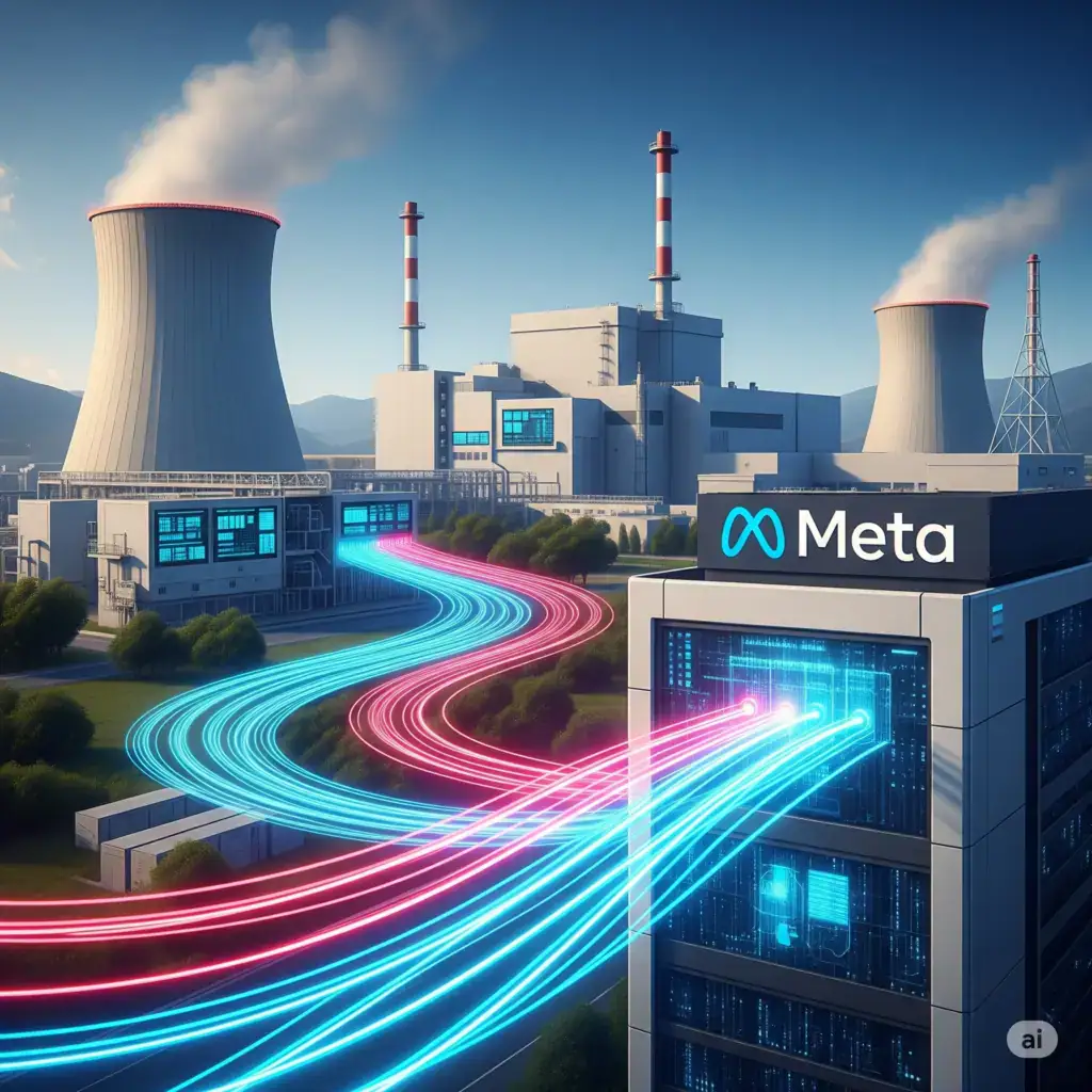 Ilustração realista de uma usina nuclear moderna ao fundo, com torres de resfriamento e painéis digitais. Em primeiro plano, o logotipo da Meta em um edifício futurista com cabos conectando-se à usina, representando a energia fluindo para centros de dados. Estilo tecnológico e limpo.
