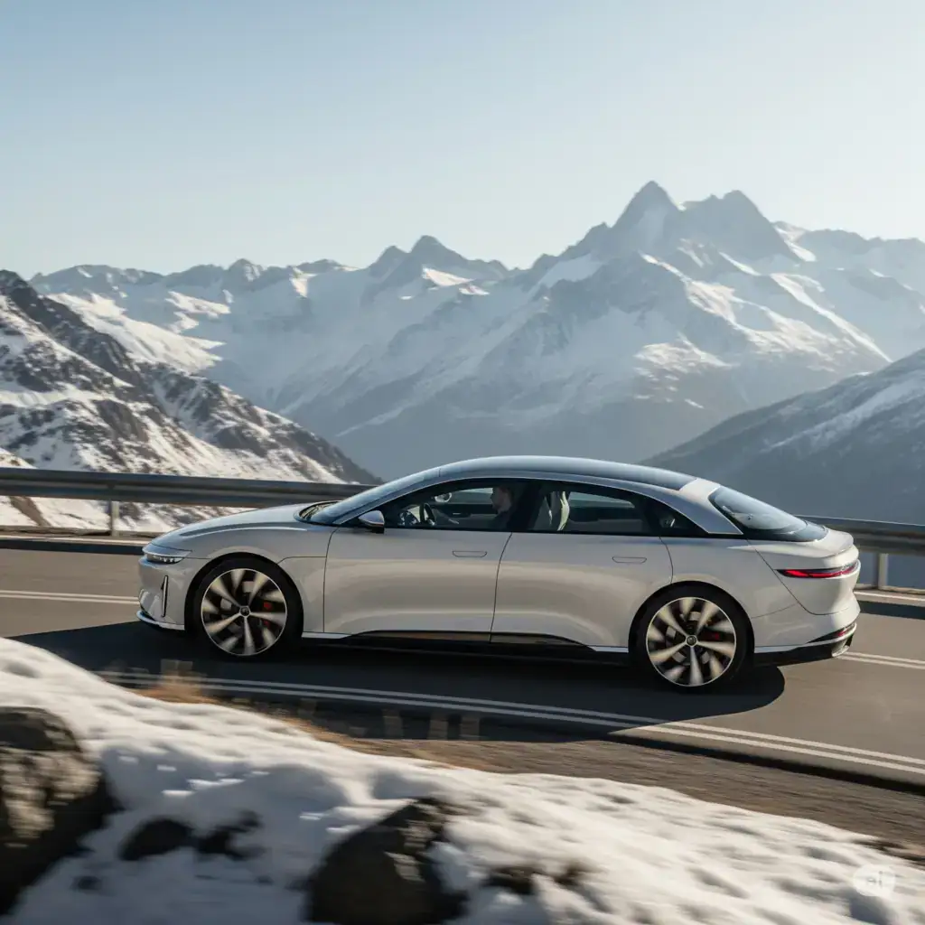 Um carro elétrico Lucid Air Grand Touring em uma estrada cênica alpina, descendo suavemente por entre montanhas com neve ao fundo, refletindo modernidade e desempenho. O veículo aparece de perfil ou em três quartos, em destaque, com céu limpo e iluminação suave. Estilo fotorrealista, sem texto.