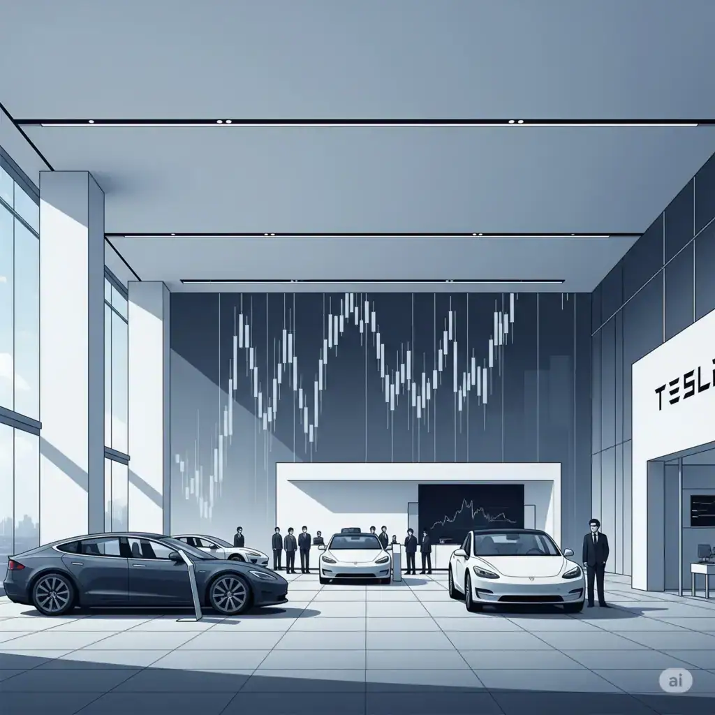 Ilustração moderna mostrando uma concessionária da Tesla com poucos veículos disponíveis, simbolizando a queda nas entregas. Em segundo plano, gráficos financeiros descendentes reforçam a ideia de perdas econômicas. O cenário deve ter uma atmosfera sóbria e corporativa, com tons predominantemente neutros e frios, como cinza, azul e branco, sem texto visível.