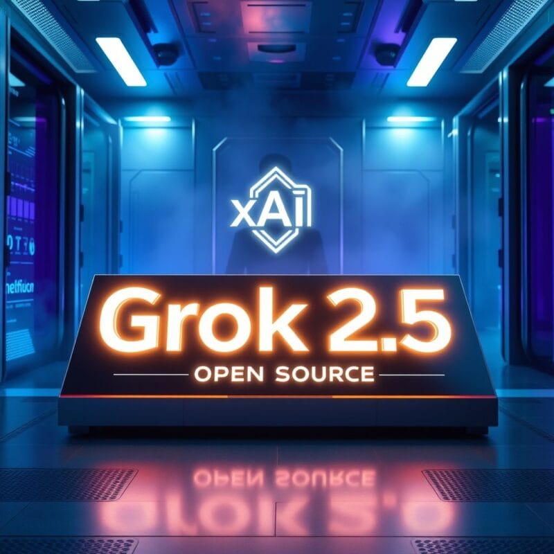 imagem 1:1 (em inglês): A futuristic server room with a digital terminal displaying “Grok 2.5 - Open Source” in glowing text. Include a stylized xAI logo and subtle Elon Musk silhouette in the background. The scene should convey innovation, transparency, and high-tech AI.